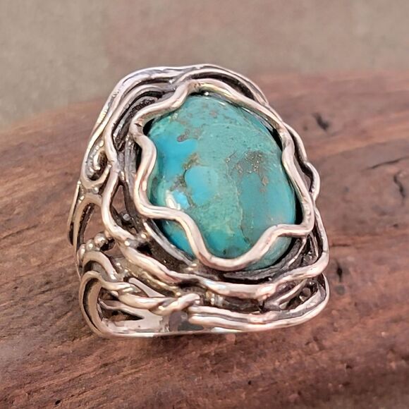 Shablool Didae Turquoise Sterling Waves Bead Filigree Ring - Picture 1 of 9